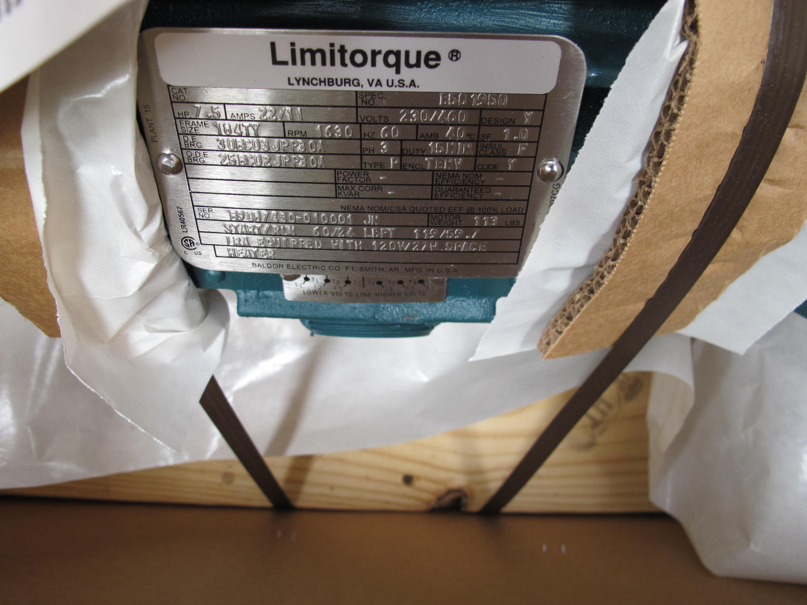 MOTOR, VALVE ACTUATOR TYPE, 7.4 HORSEPOWER, 230/460VAC 3 PHASE 60HZ ELEC RATING, 60 FT/LB START TORQUE, 1590 RPM, 215TR2 FRAME, 24 FT/LB RUN TORQUE, 20.6-10.3 AMPS, B INSULATION CLASS. 96-48A LOCKED ROTOR, FACE MOUNT, WITH SPACE HEATERS, PART # R-301-000-5321 (W-44) LOADING & HANDLING FEE $15-